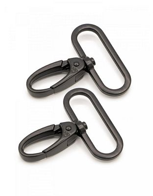 Two black metal carabiners on a white background