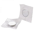 Two small round white magnetic discs sealed in clear adhesive plastic and attached to square white textured backing sheets, shown on a plain white background.