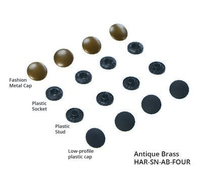 A set of decorative button components labeled with parts: Fashion Metal Cap, Plastic Socket, Plastic Stud, and Low-profile plastic cap. The metal caps are antique brass, while the plastic pieces are black.