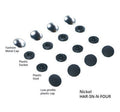 Collection of black and nickel buttons on a white background with labels.