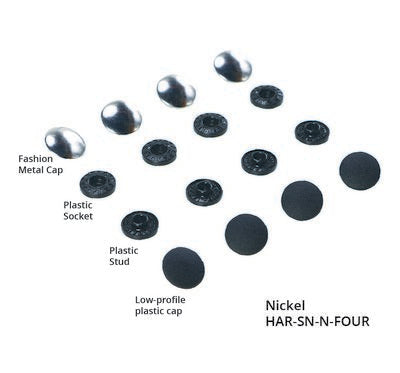 Collection of black and nickel buttons on a white background with labels.