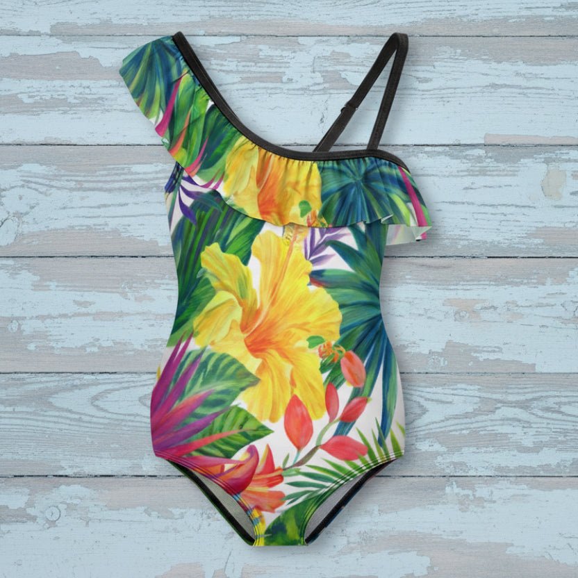 Hawaiian Style One Piece Girls Ruffled Swimsuit