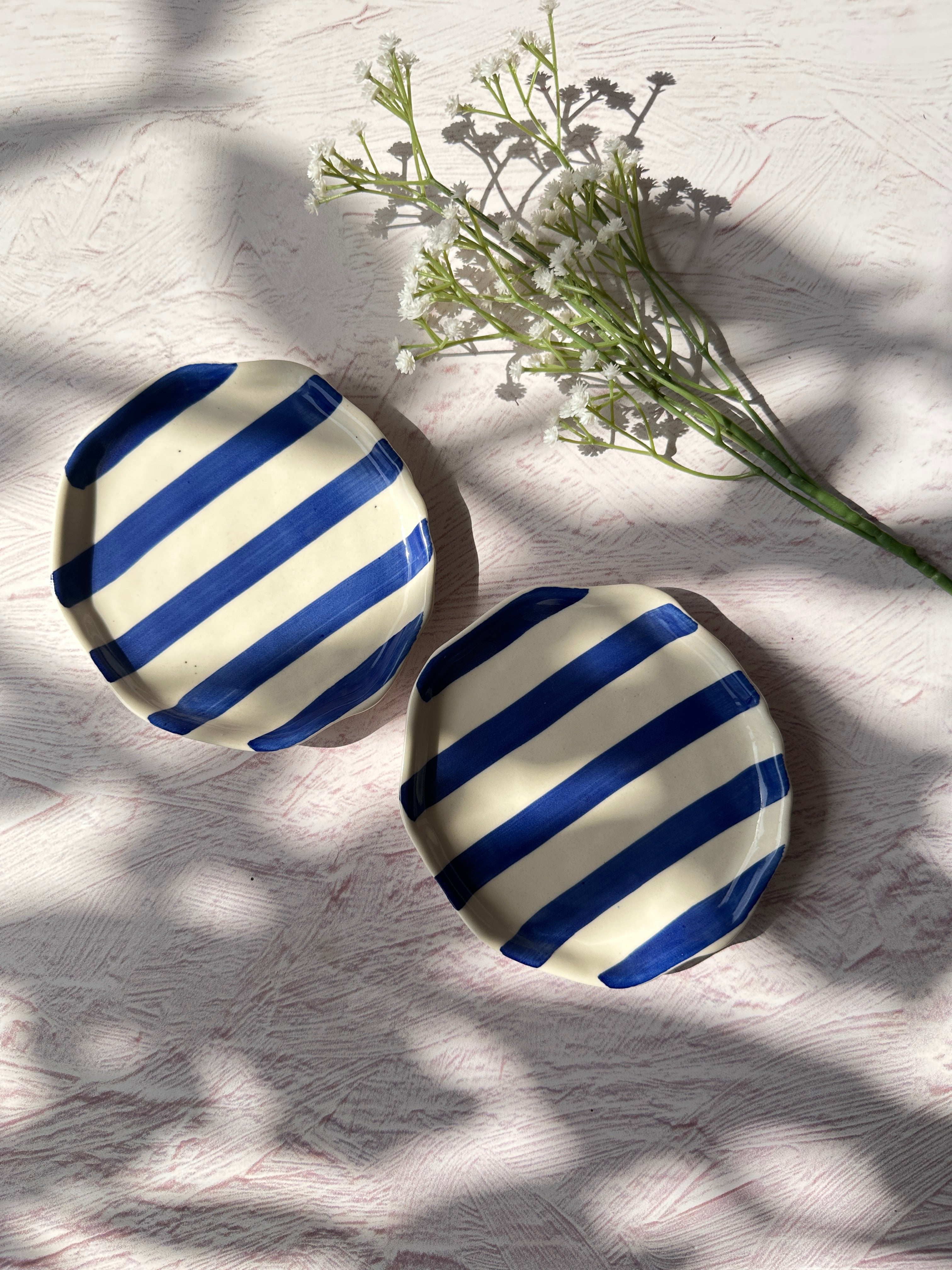 Ceramic Blue stripe plate, 6.3x6.3 Inches (Set of 4)