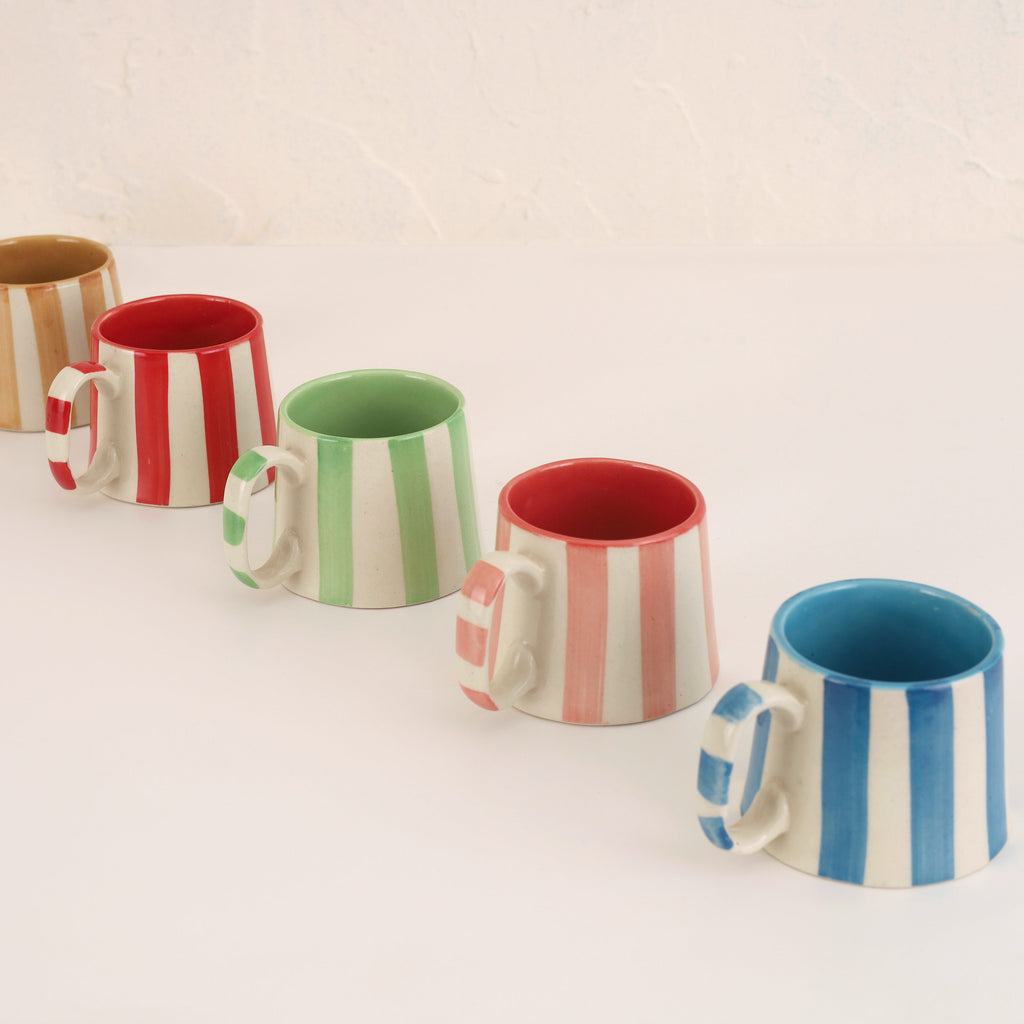 Green Stripe Coffee Cup | Handpainted Stoneware Mug | 220ml (Set of 2)