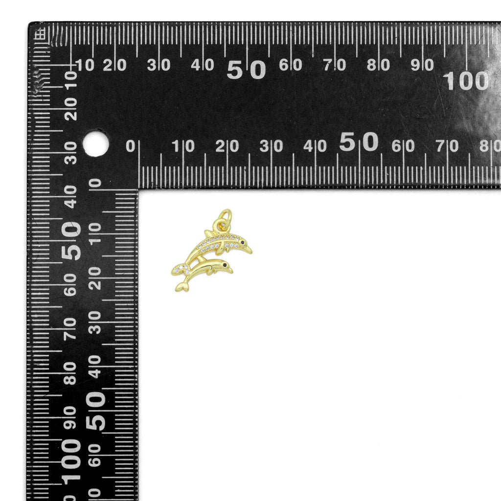 Gold Clear CZ Two Dolphins Pendant charm, Sku#LD763