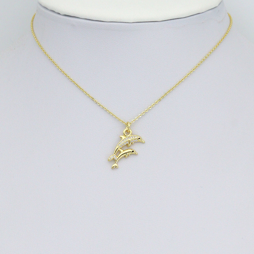 Gold Clear CZ Two Dolphins Pendant charm, Sku#LD763