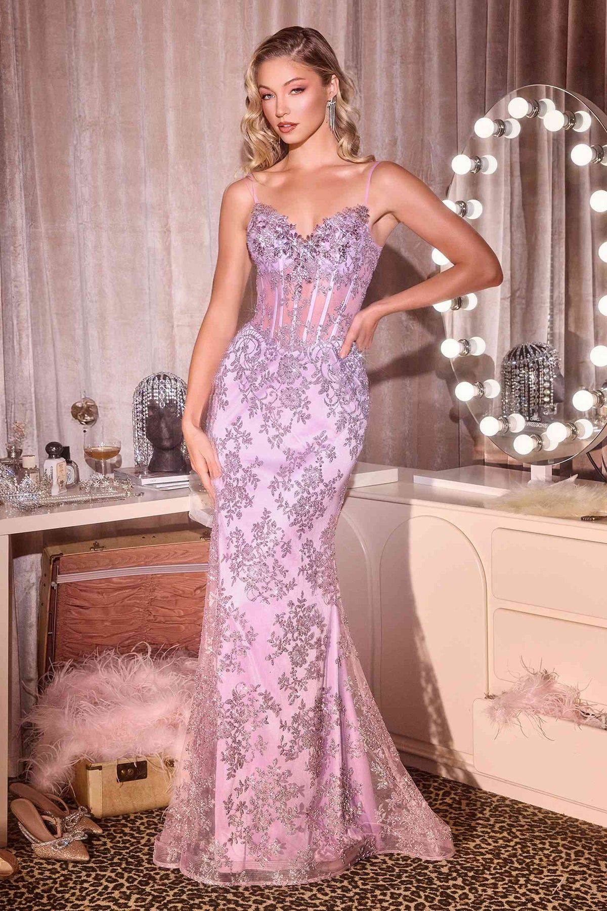 Ladivine J889 Hand Placed Applique Shimmering Sequin Fitted Gown