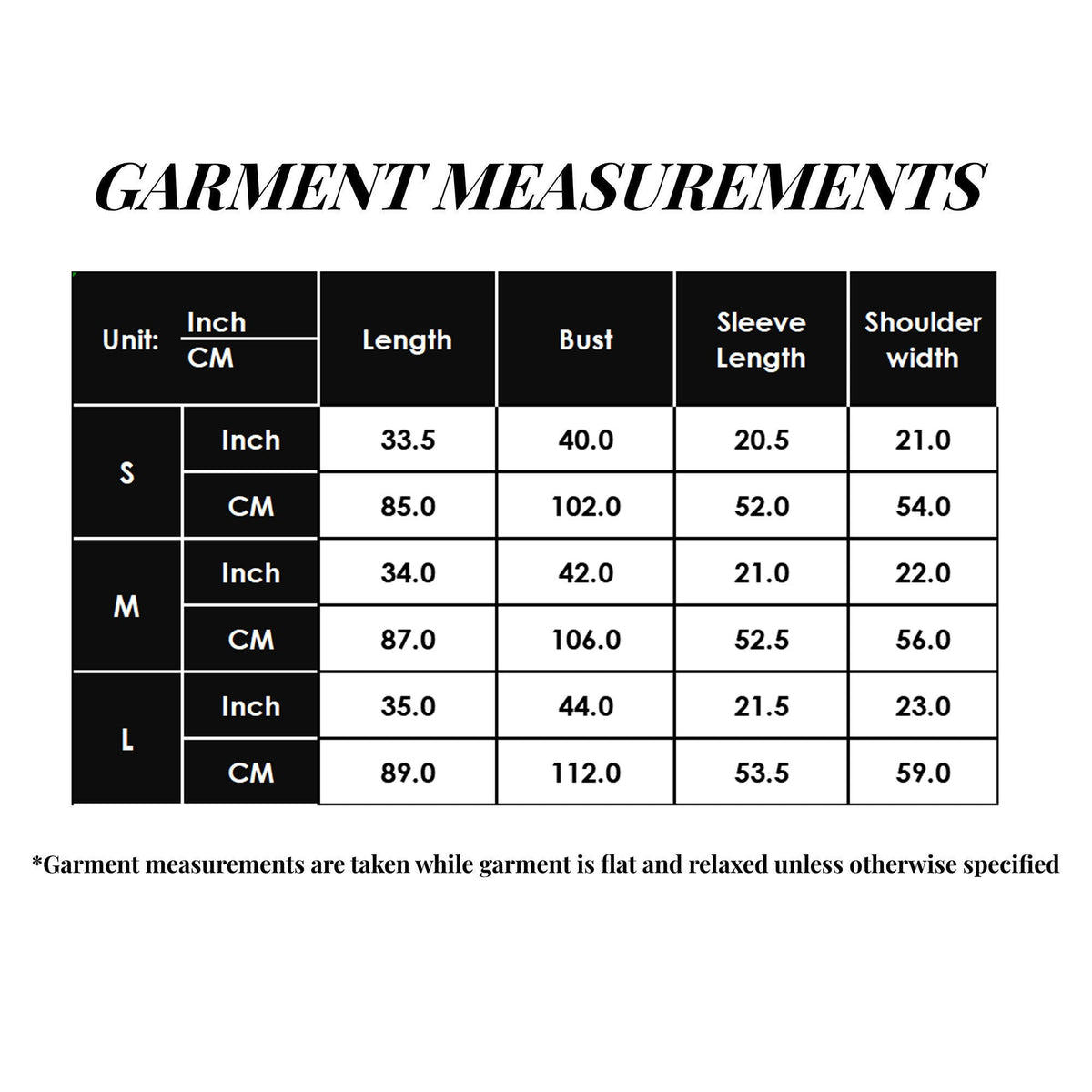 Garment measurements chart with size options S, M, and L.