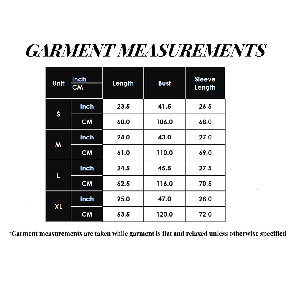 Garment measurements chart with size options and corresponding dimensions in inches and centimeters.