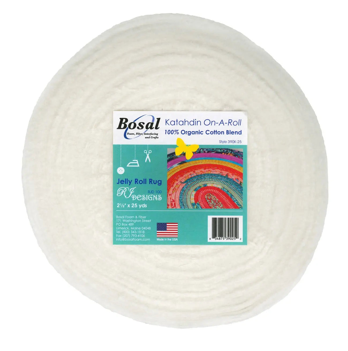 A circular roll of off-white cotton banding material with a teal and white Bosal brand label, photographed on a plain white background.
