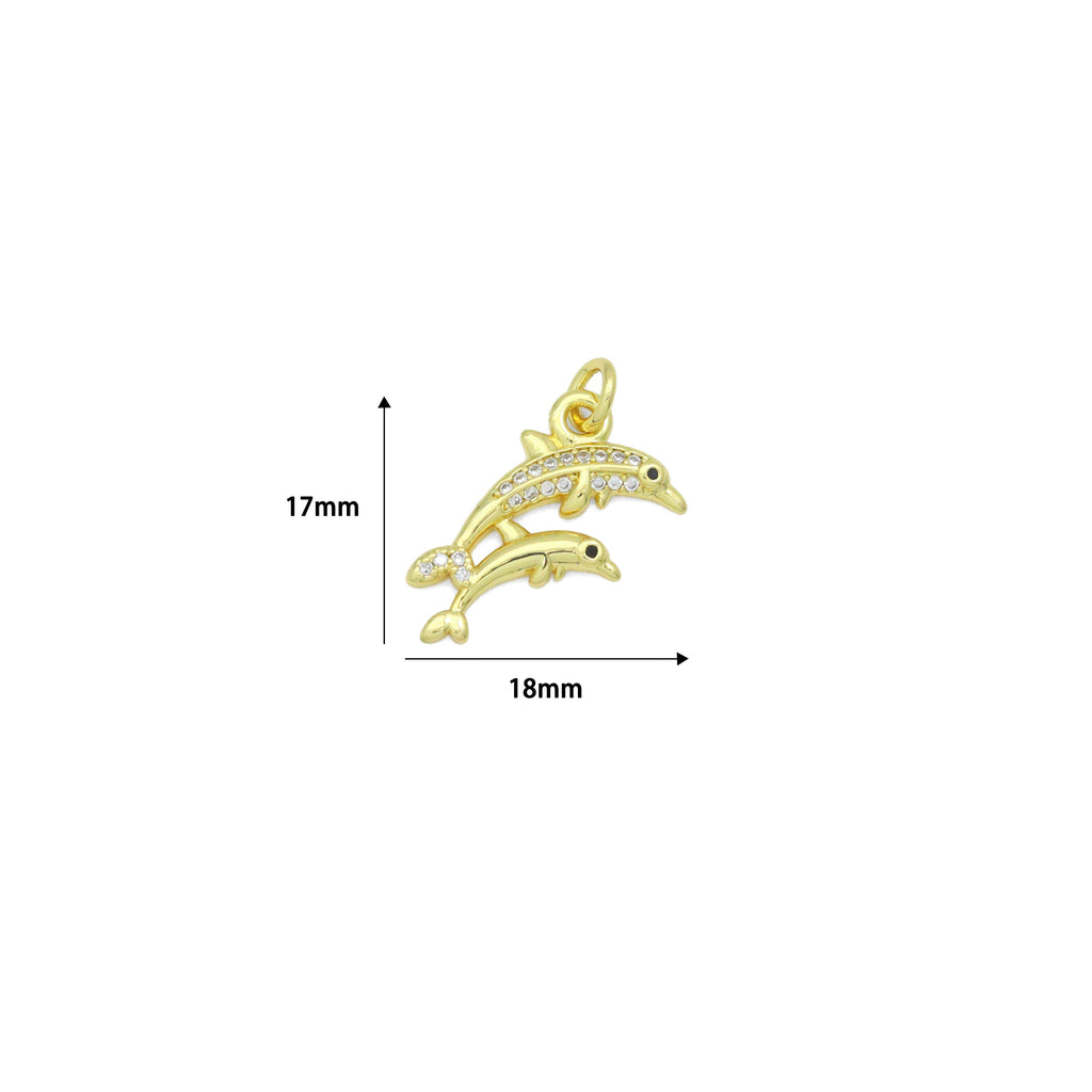 Gold Clear CZ Two Dolphins Pendant charm, Sku#LD763