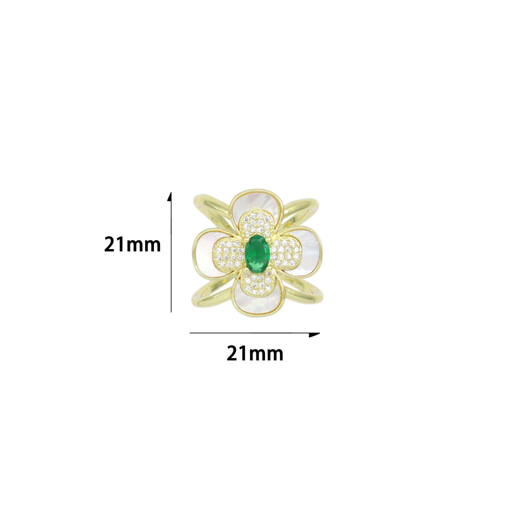 Mother of pearl green oval stone flower Statement Adjustable Ring, Sku#LK1264