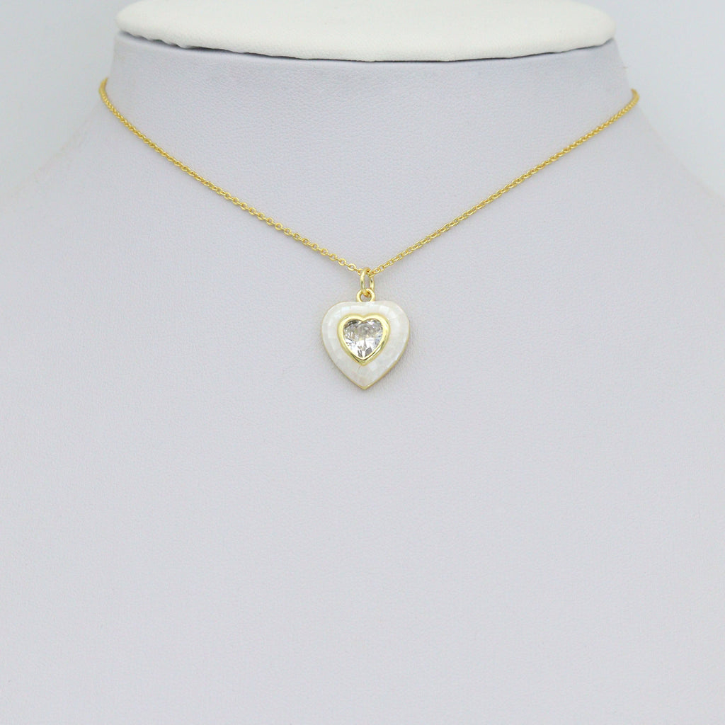 White Mother of Pearl with CZ Center Heart  Heart Pendant charm, Sku#LK1282