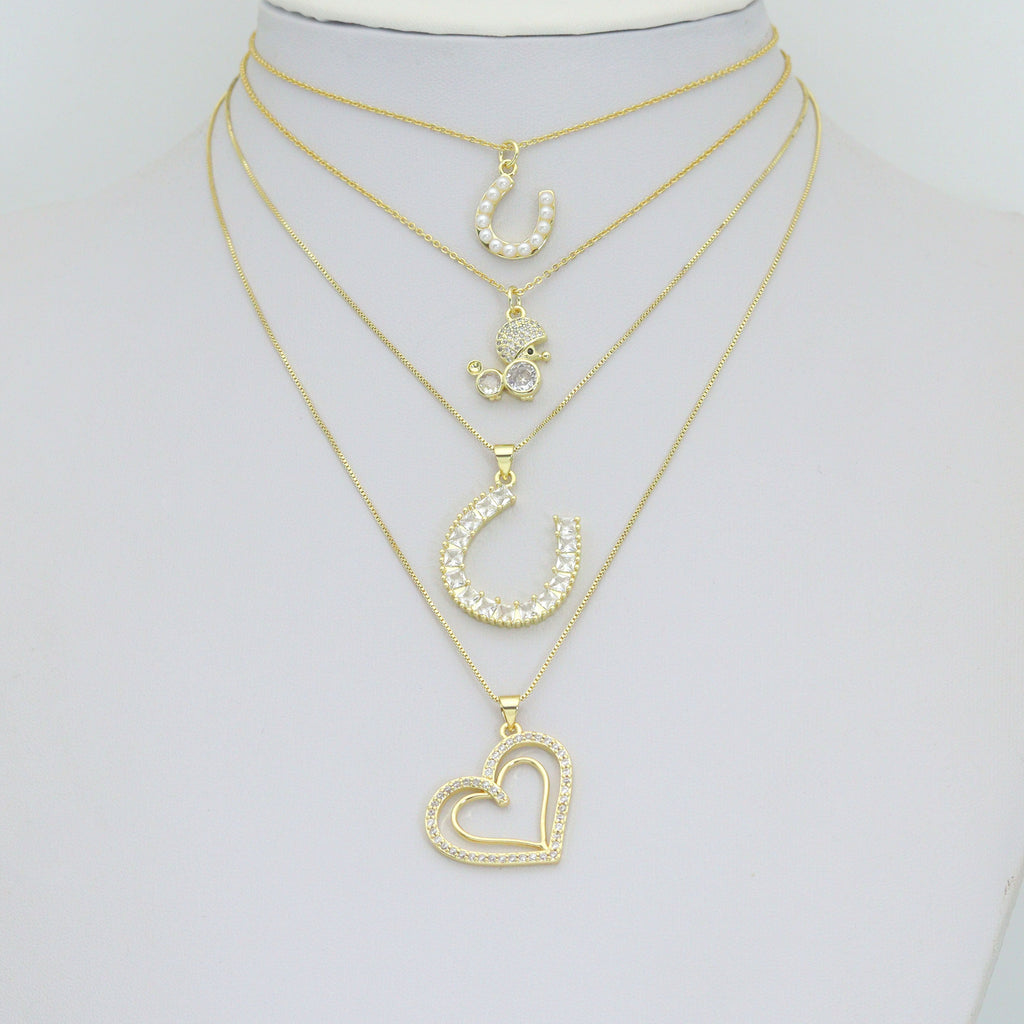 Gold Baguette CZ Horseshoe, Pearl Horseshoe, Double Heart, Mouse Charm Pendant, Sku#LK1295