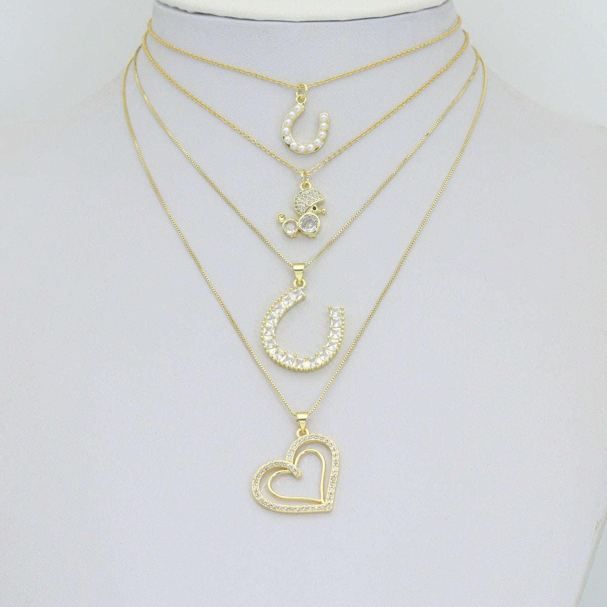 Gold Baguette CZ Horseshoe, Pearl Horseshoe, Double Heart, Mouse Charm Pendant, Sku#LK1295