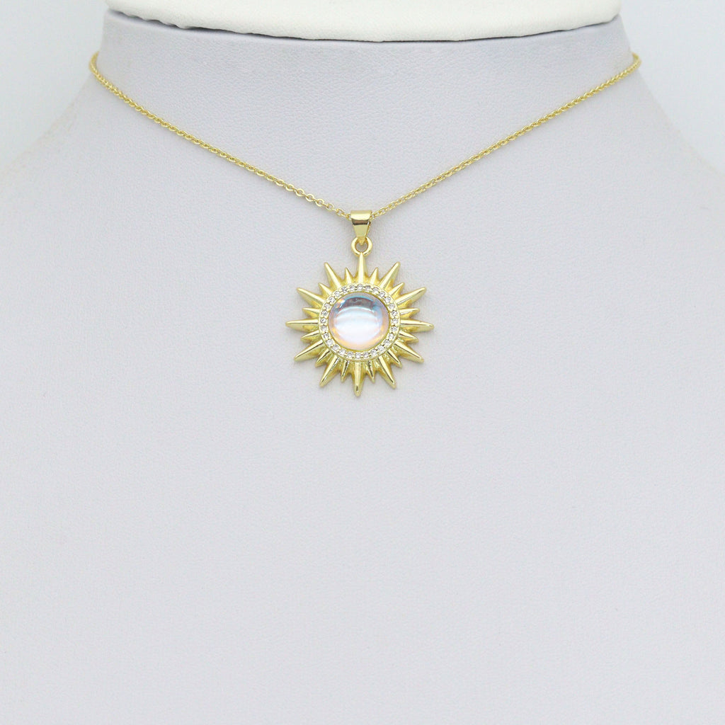 Clear CZ Gold Sunflower Moonstone Stud Earrings Pendant Charm, Sku#LK1303