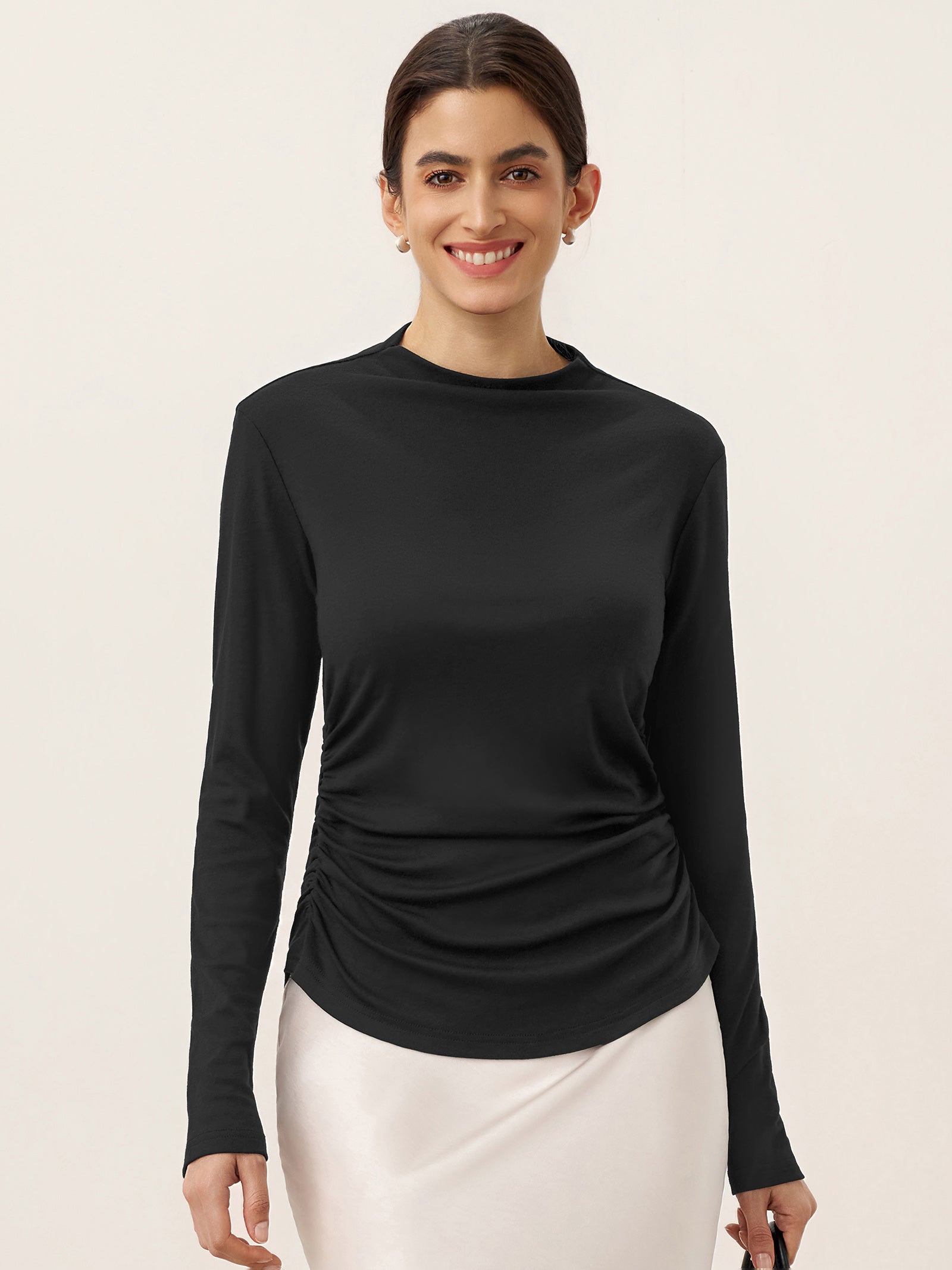 Wool Mock Neck Waist Pleat Top ISOLDE