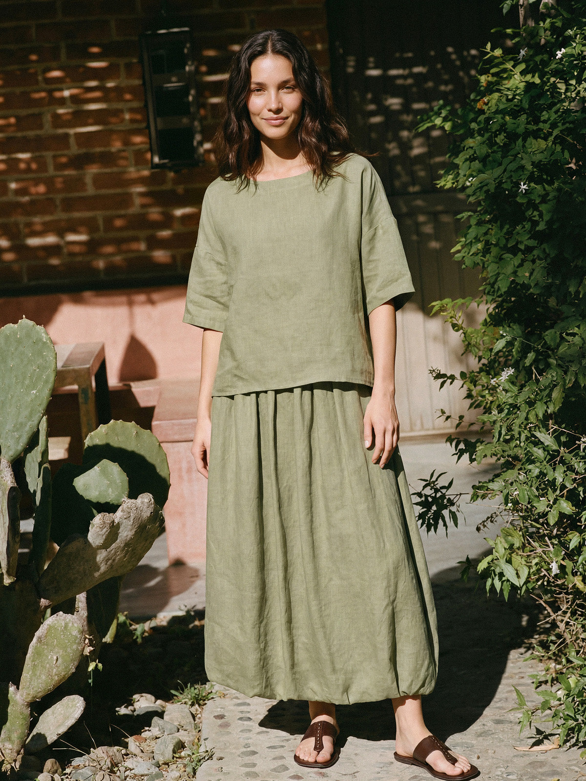 100% Linen Drop Shoulder Shirred Back High-Low Hem Top LINDSEY