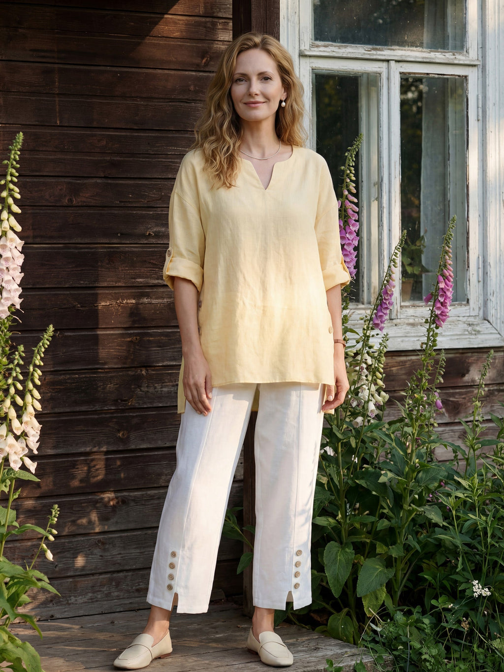 100% Linen Curved-Hem Oversized Top DAPHNEA
