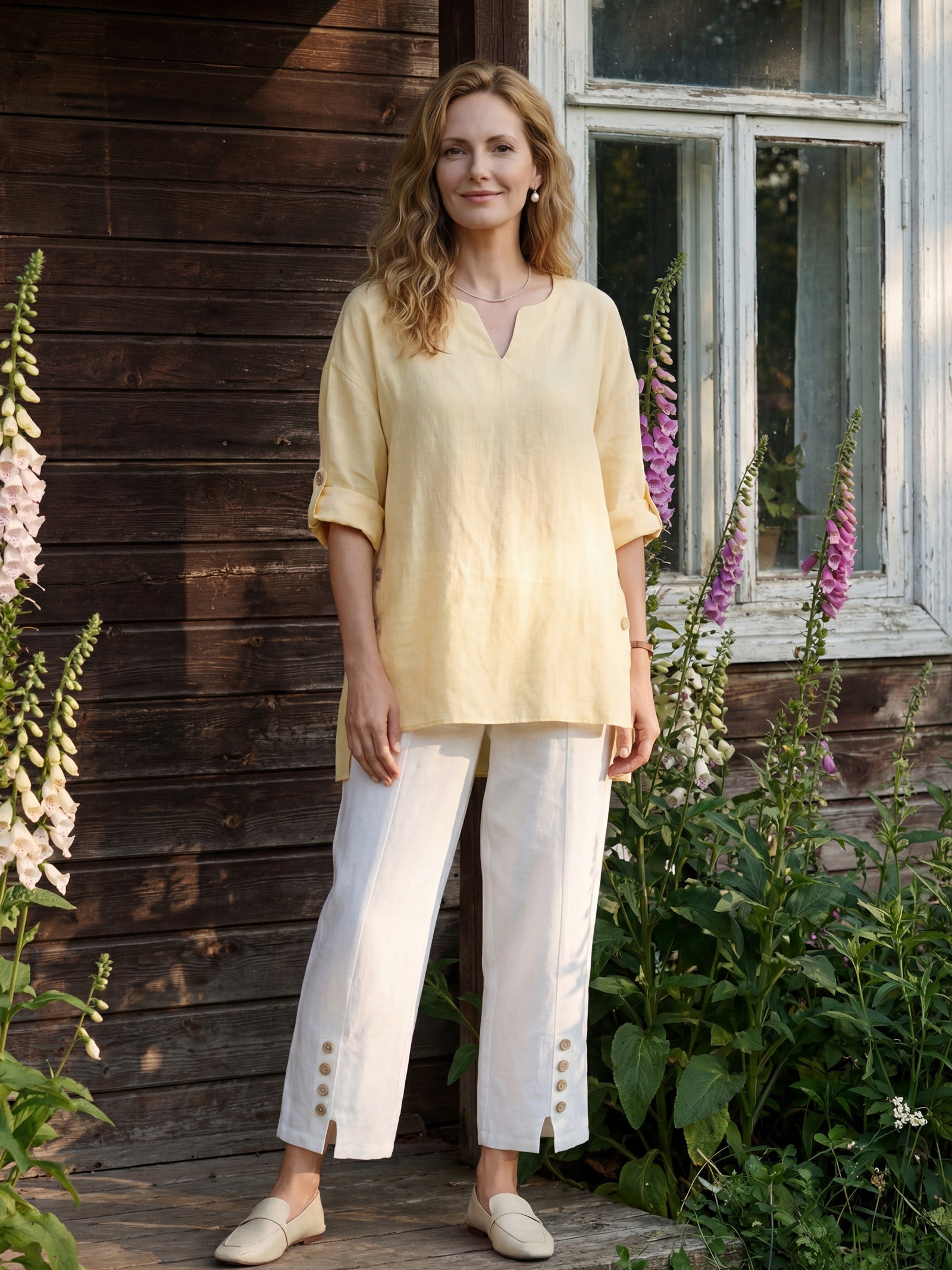 100% Linen Curved-Hem Oversized Top DAPHNEA