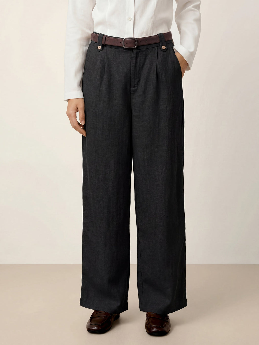 Linen-Lyocell Pleated Wide Leg Trousers with Back Elastic & Button Detail AISLING-LINTICO