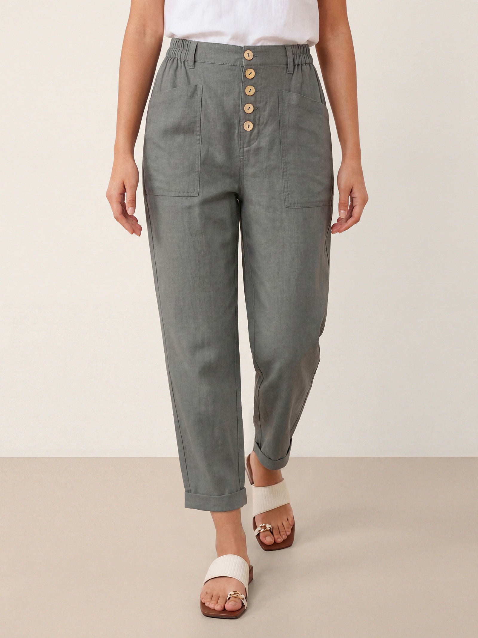 Linen Simple Button Fly Trouser Pants HEIDI-LINTICO