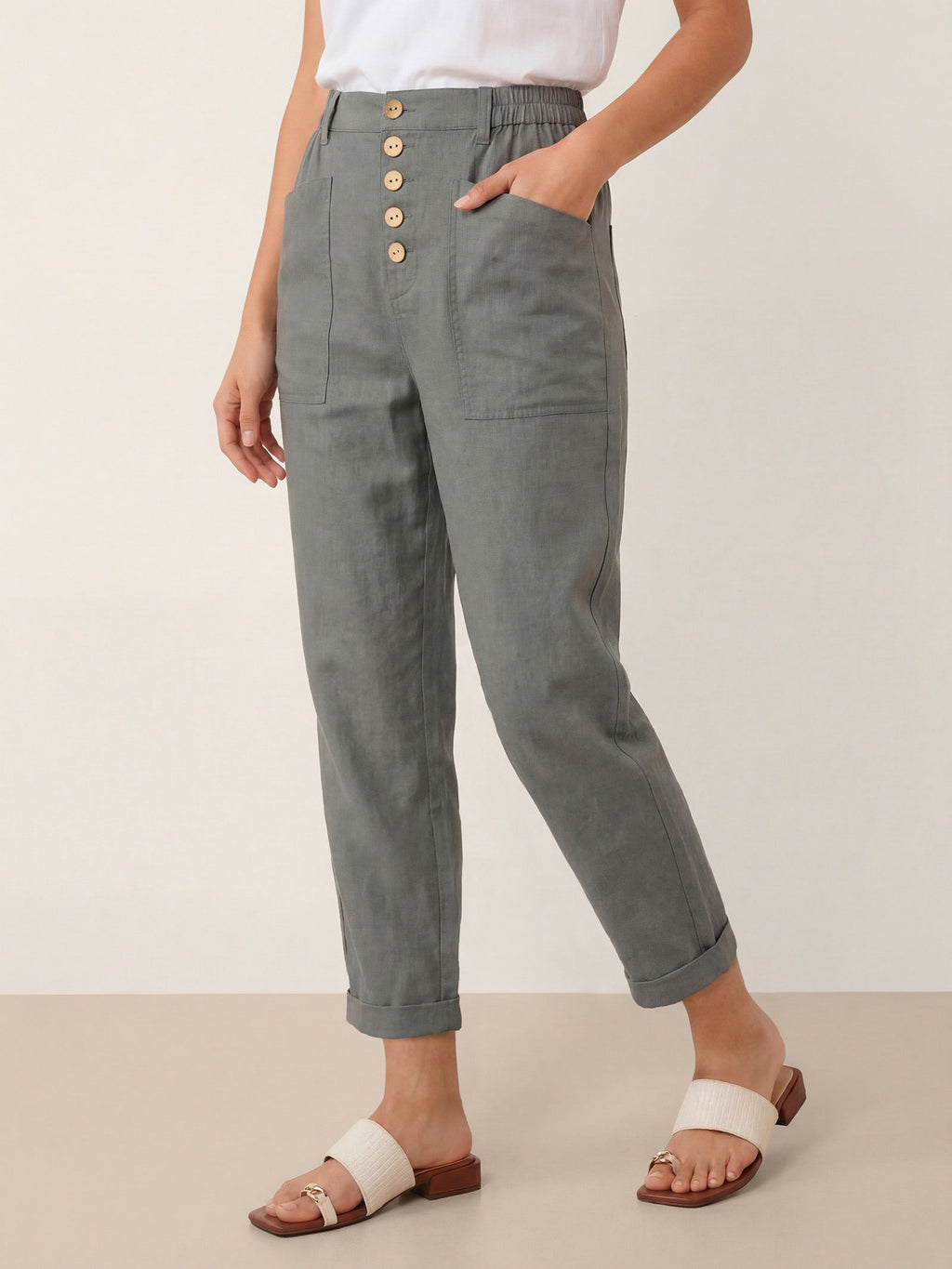 Linen Simple Button Fly Trouser Pants HEIDI-LINTICO