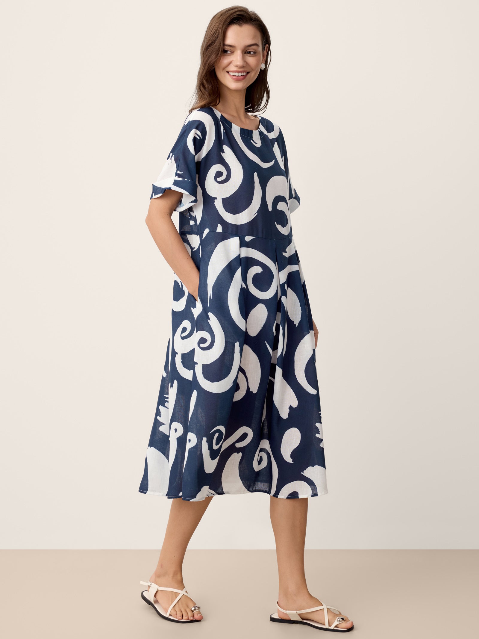 Linen Abstract-Print Pleated-Waist Midi Dress PRIYA-LINTICO
