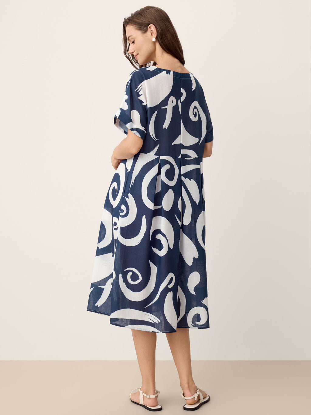 Linen Abstract-Print Pleated-Waist Midi Dress PRIYA-LINTICO