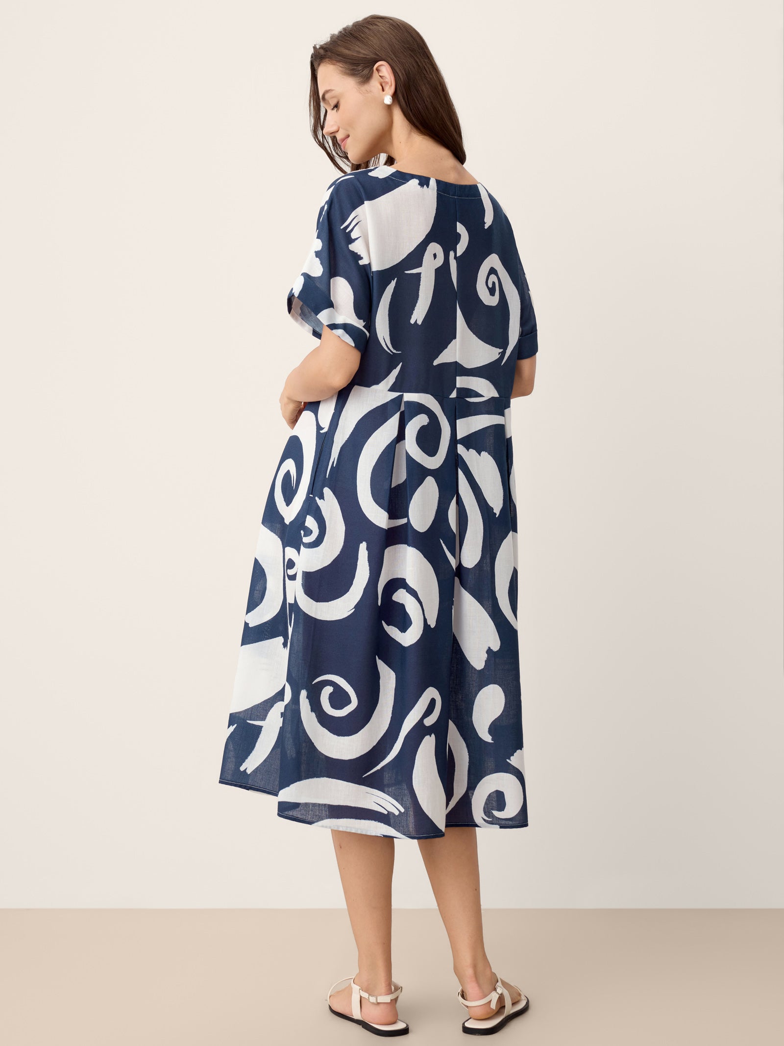 Linen Abstract-Print Pleated-Waist Midi Dress PRIYA-LINTICO