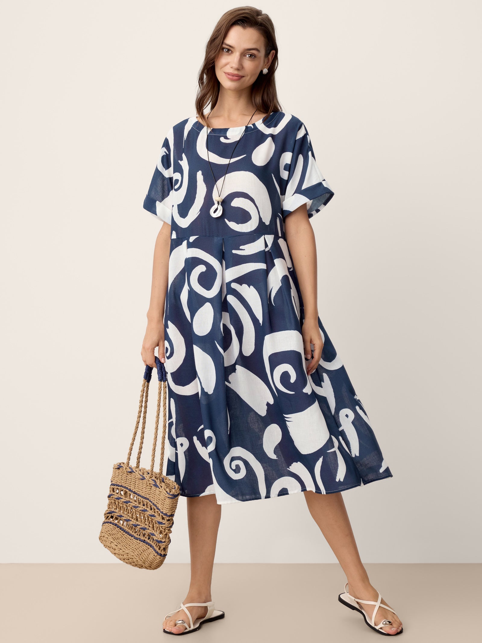 Linen Abstract-Print Pleated-Waist Midi Dress PRIYA-LINTICO