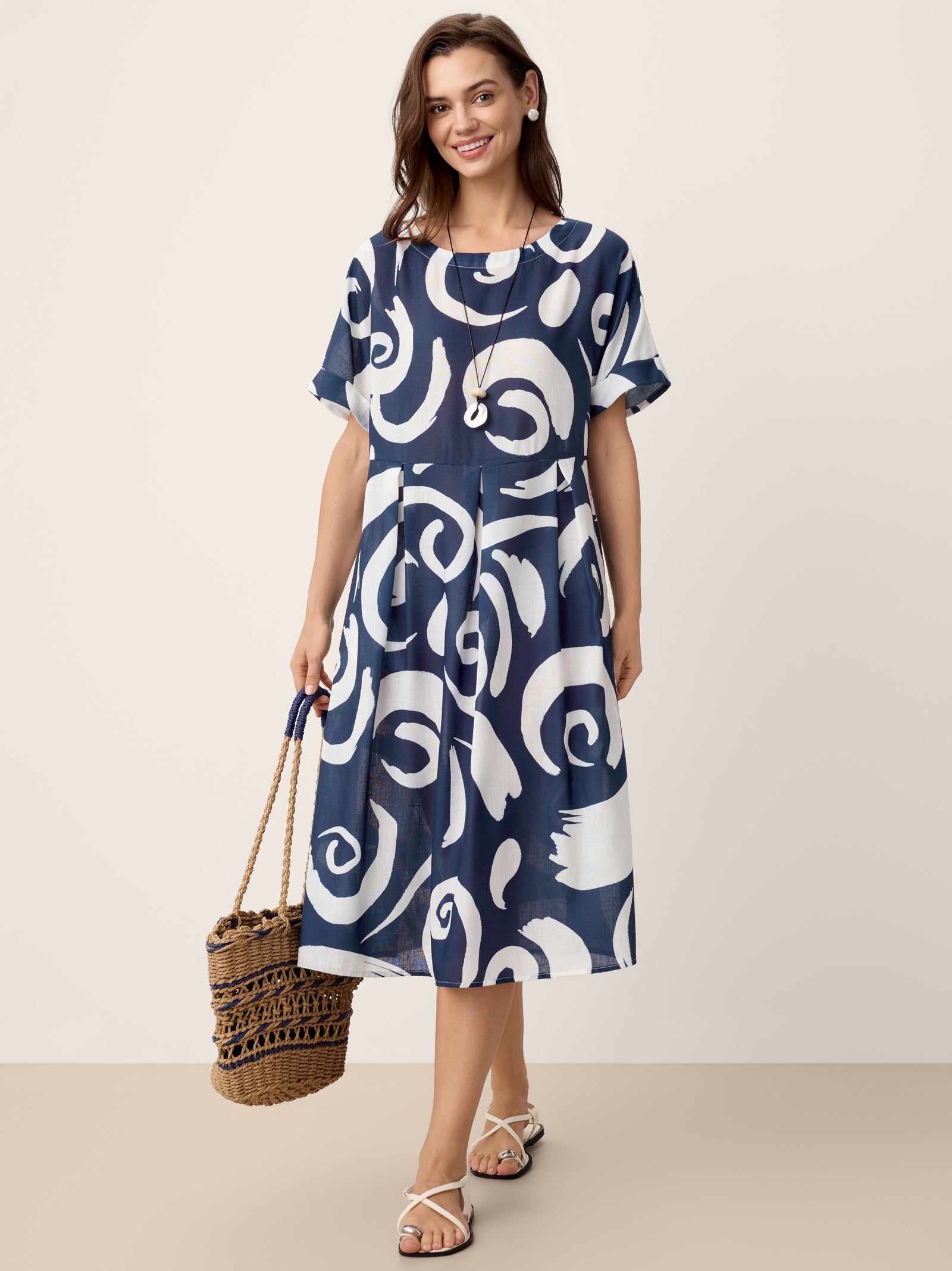 Linen Abstract-Print Pleated-Waist Midi Dress PRIYA-LINTICO