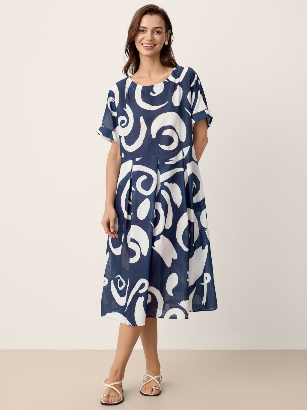 Linen Abstract-Print Pleated-Waist Midi Dress PRIYA-LINTICO