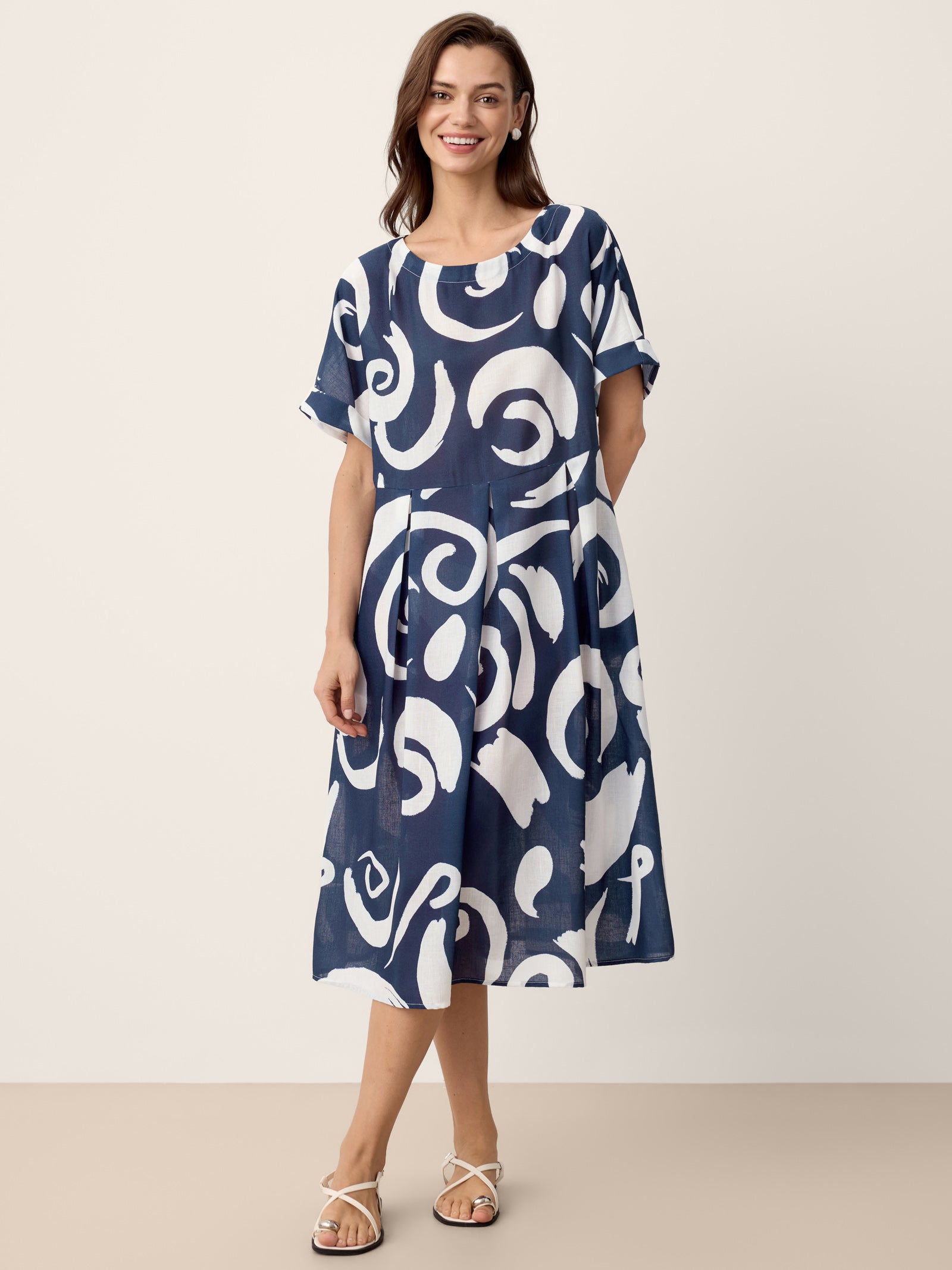 Linen Abstract-Print Pleated-Waist Midi Dress PRIYA-LINTICO