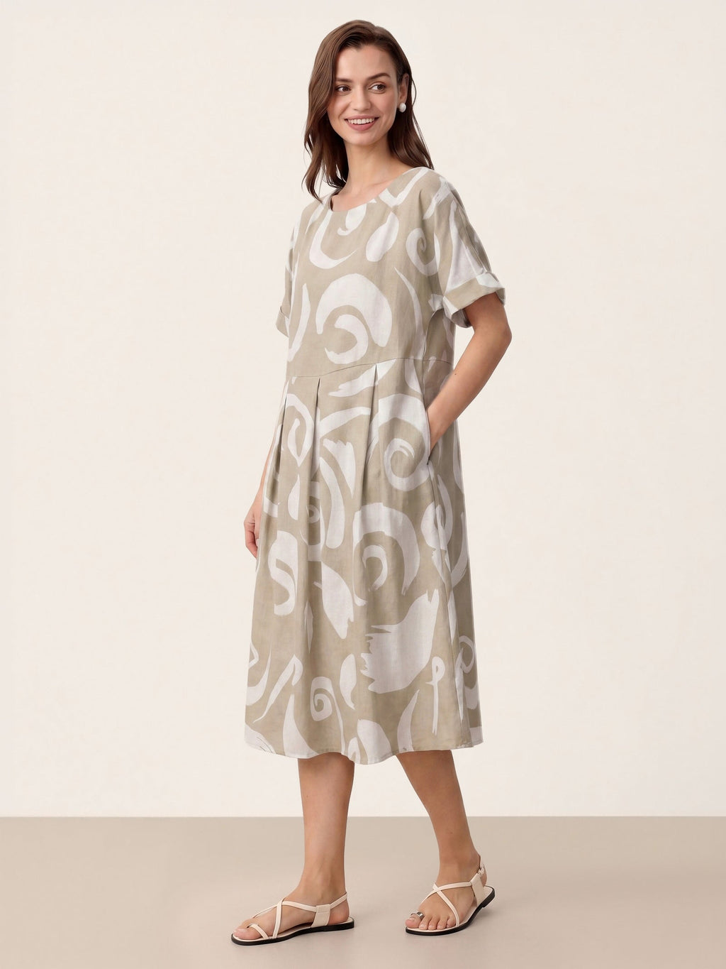 Linen Abstract-Print Pleated-Waist Midi Dress PRIYA-LINTICO