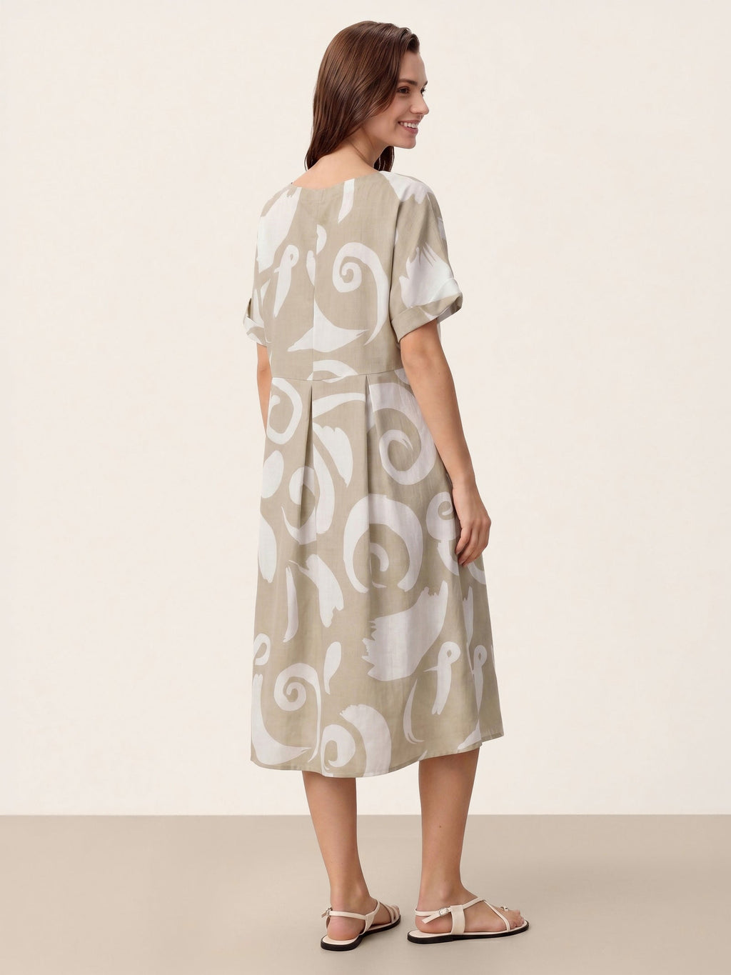 Linen Abstract-Print Pleated-Waist Midi Dress PRIYA-LINTICO