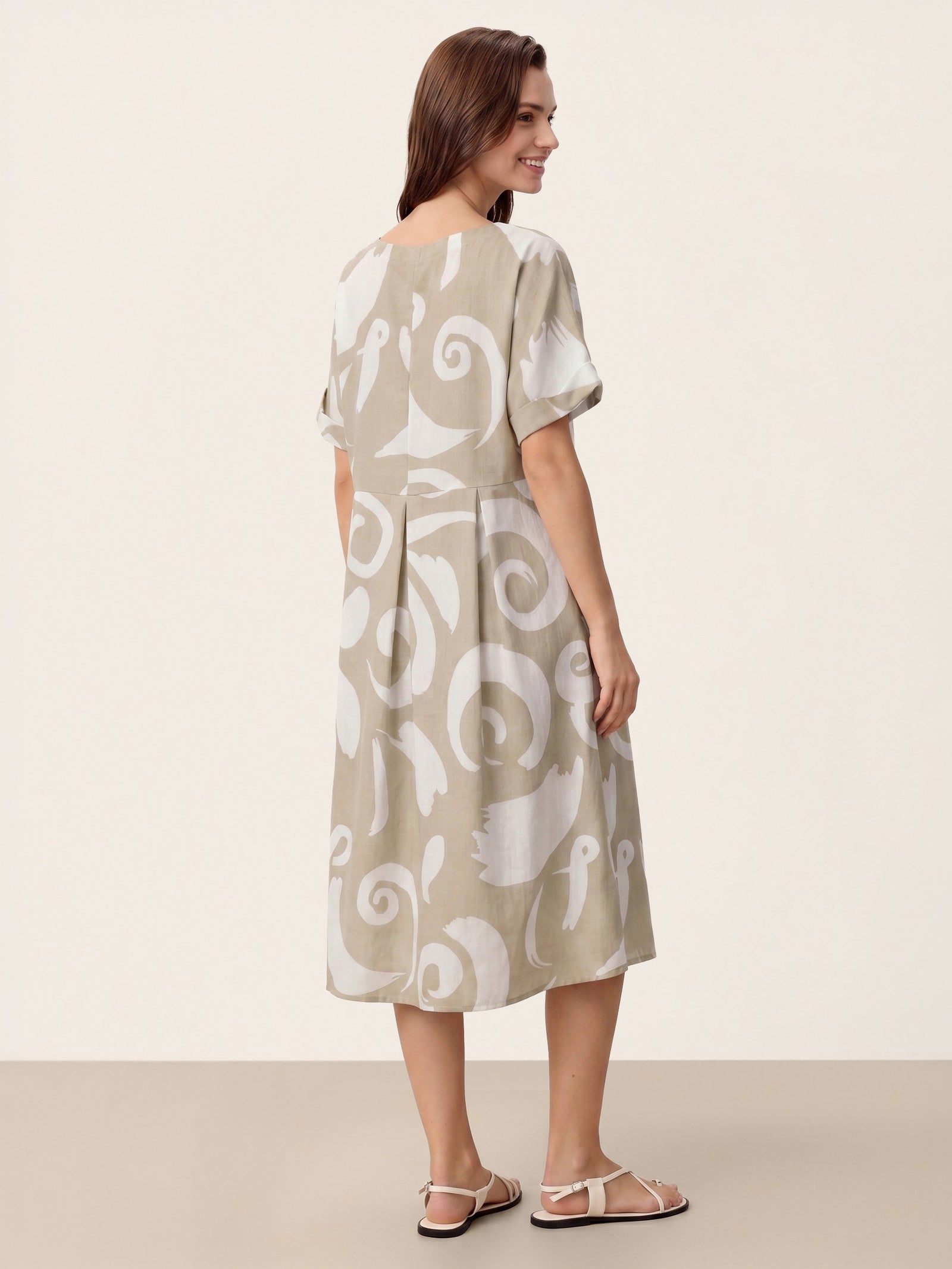 Linen Abstract-Print Pleated-Waist Midi Dress PRIYA-LINTICO