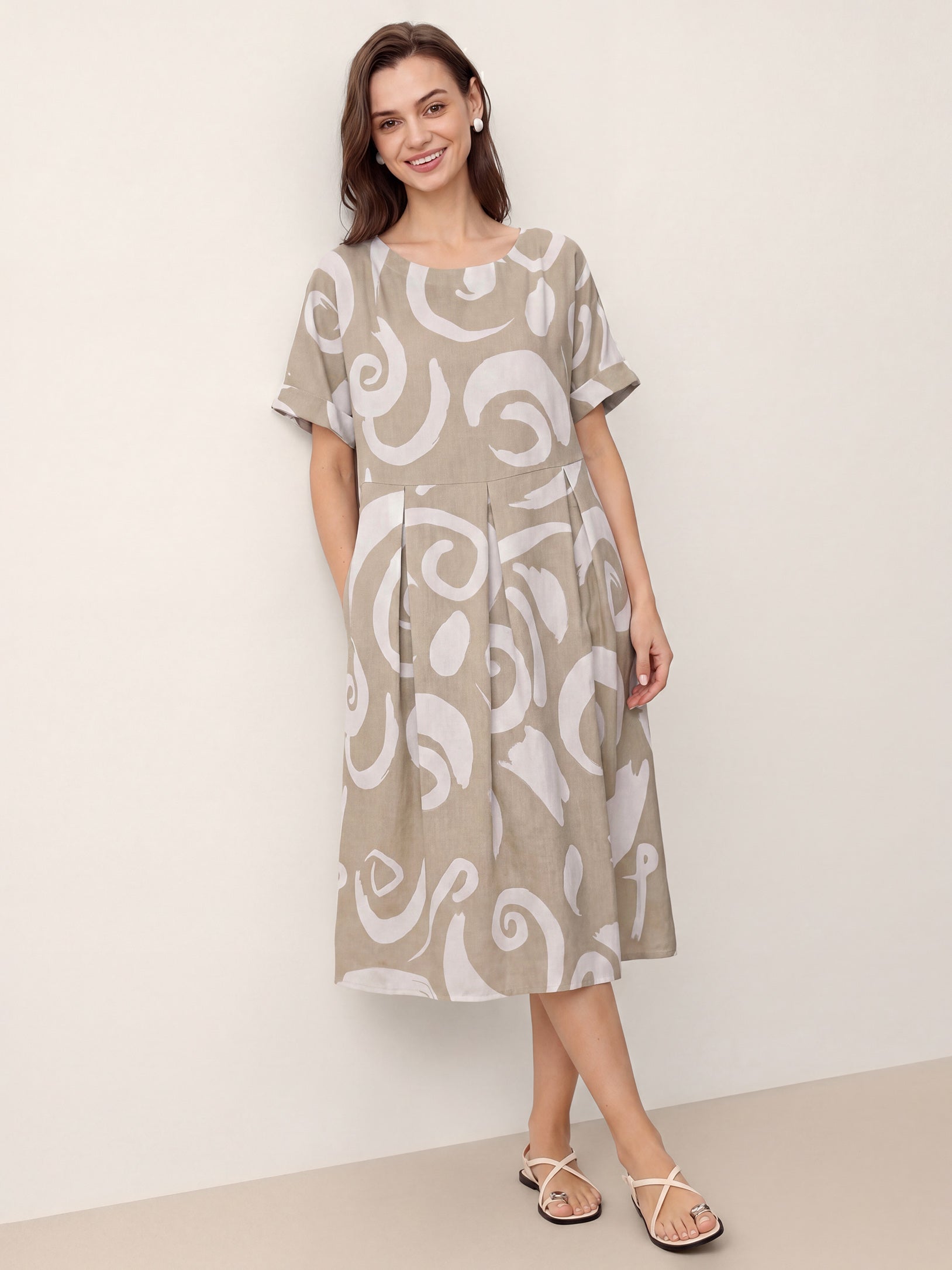 Linen Abstract-Print Pleated-Waist Midi Dress PRIYA-LINTICO