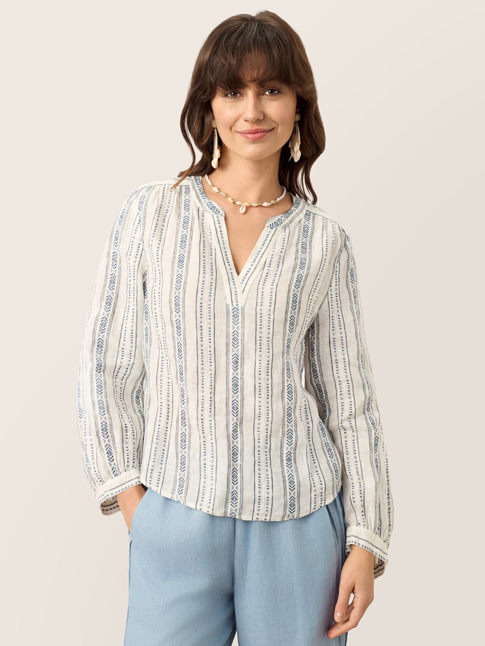 Linen Tribal Stripe Split Neck Bohemian Blouse KERENZA