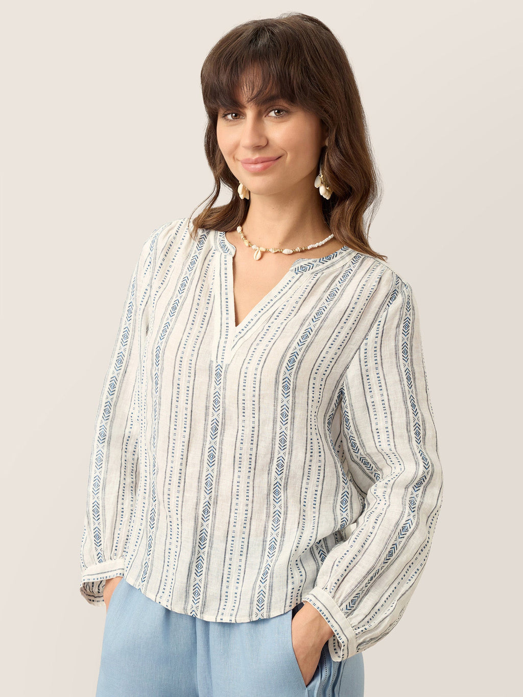 Linen Tribal Stripe Split Neck Bohemian Blouse KERENZA