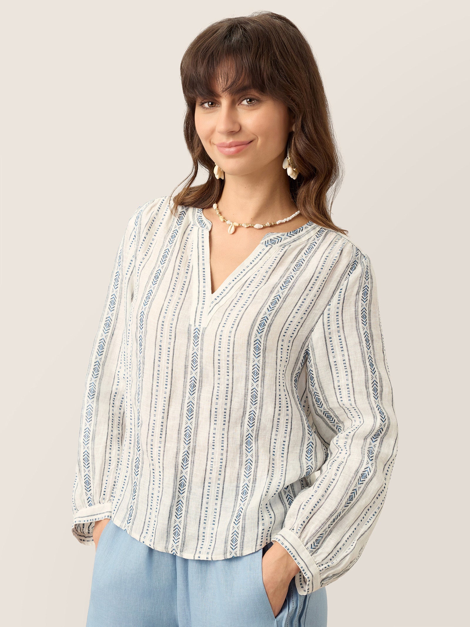 Linen Tribal Stripe Split Neck Bohemian Blouse KERENZA