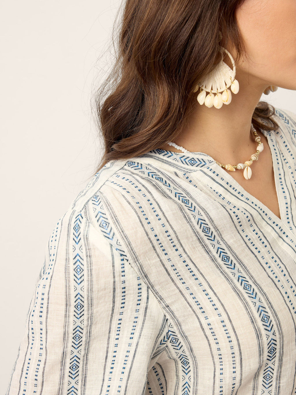 Linen Tribal Stripe Split Neck Bohemian Blouse KERENZA