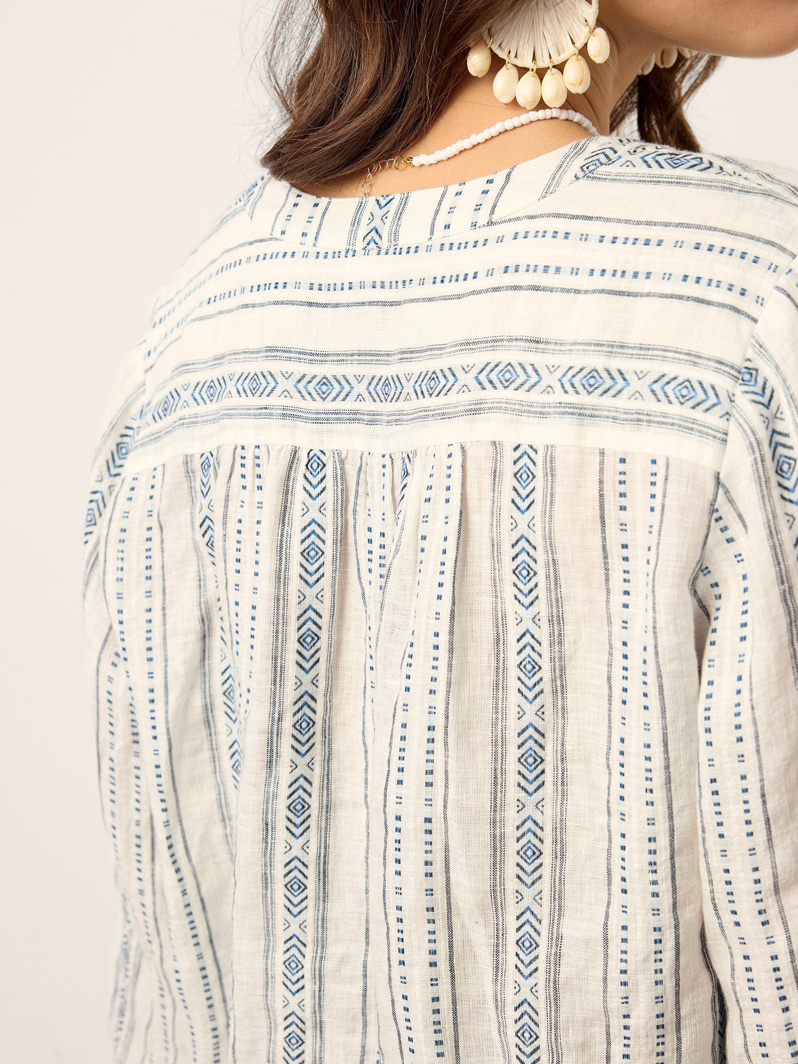 Linen Tribal Stripe Split Neck Bohemian Blouse KERENZA