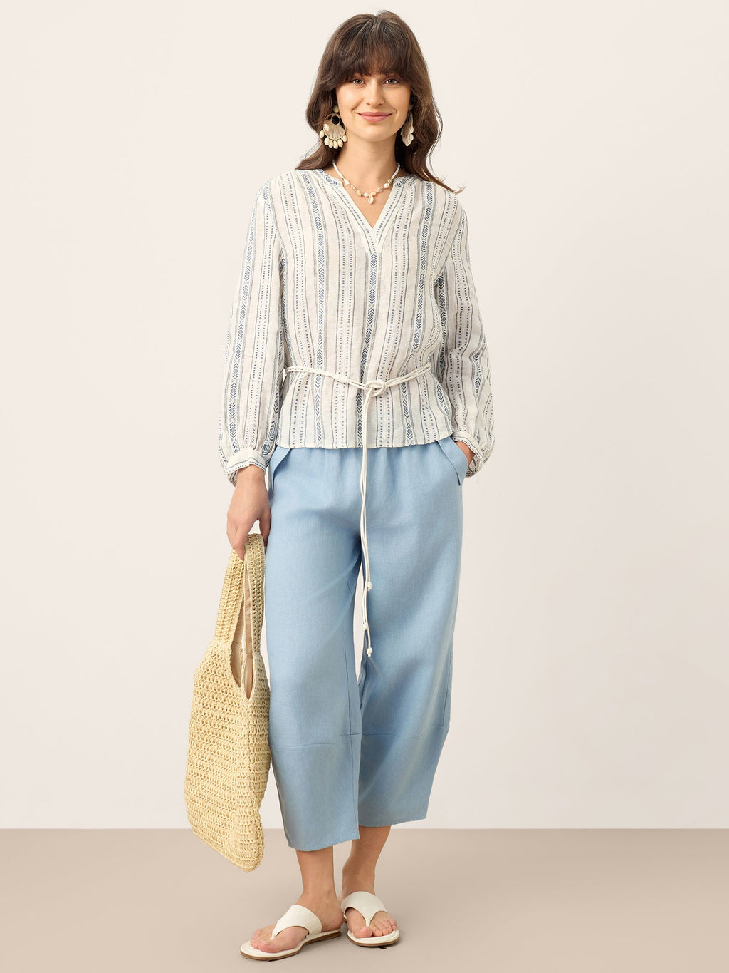 Linen Tribal Stripe Split Neck Bohemian Blouse KERENZA