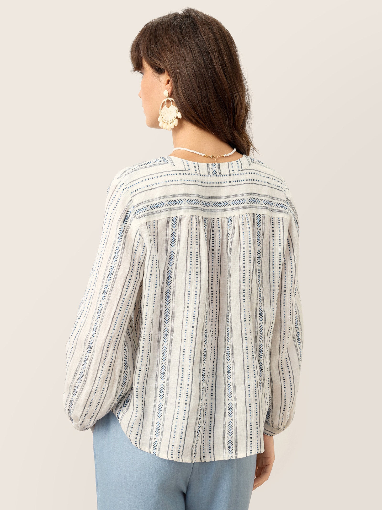 Linen Tribal Stripe Split Neck Bohemian Blouse KERENZA
