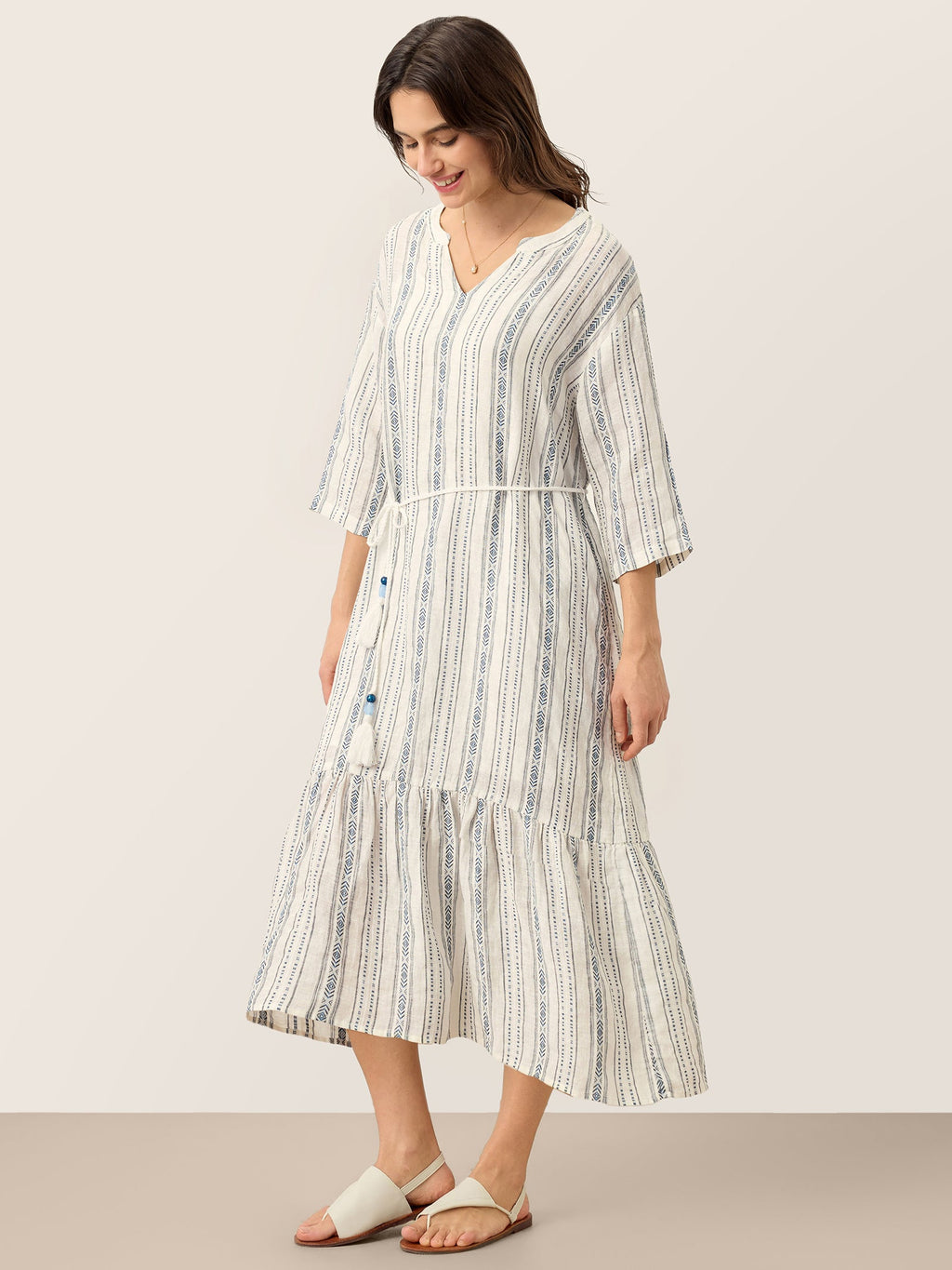 Linen Tribal Stripe Split Neck Bohemian Ruffle Midi Dress with Woven Belt and Slip MARLOWE