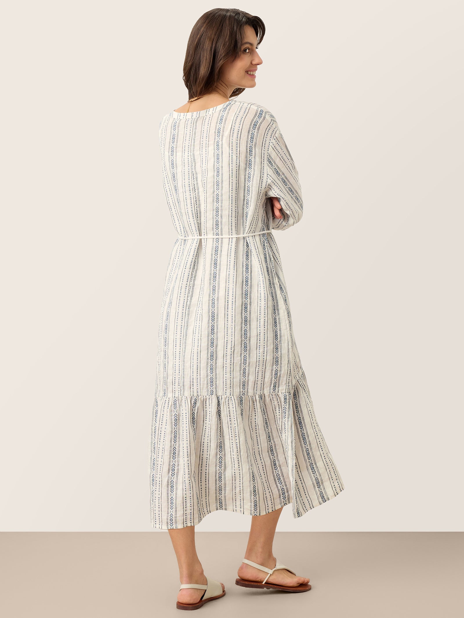 Linen Tribal Stripe Split Neck Bohemian Ruffle Midi Dress with Woven Belt and Slip MARLOWE