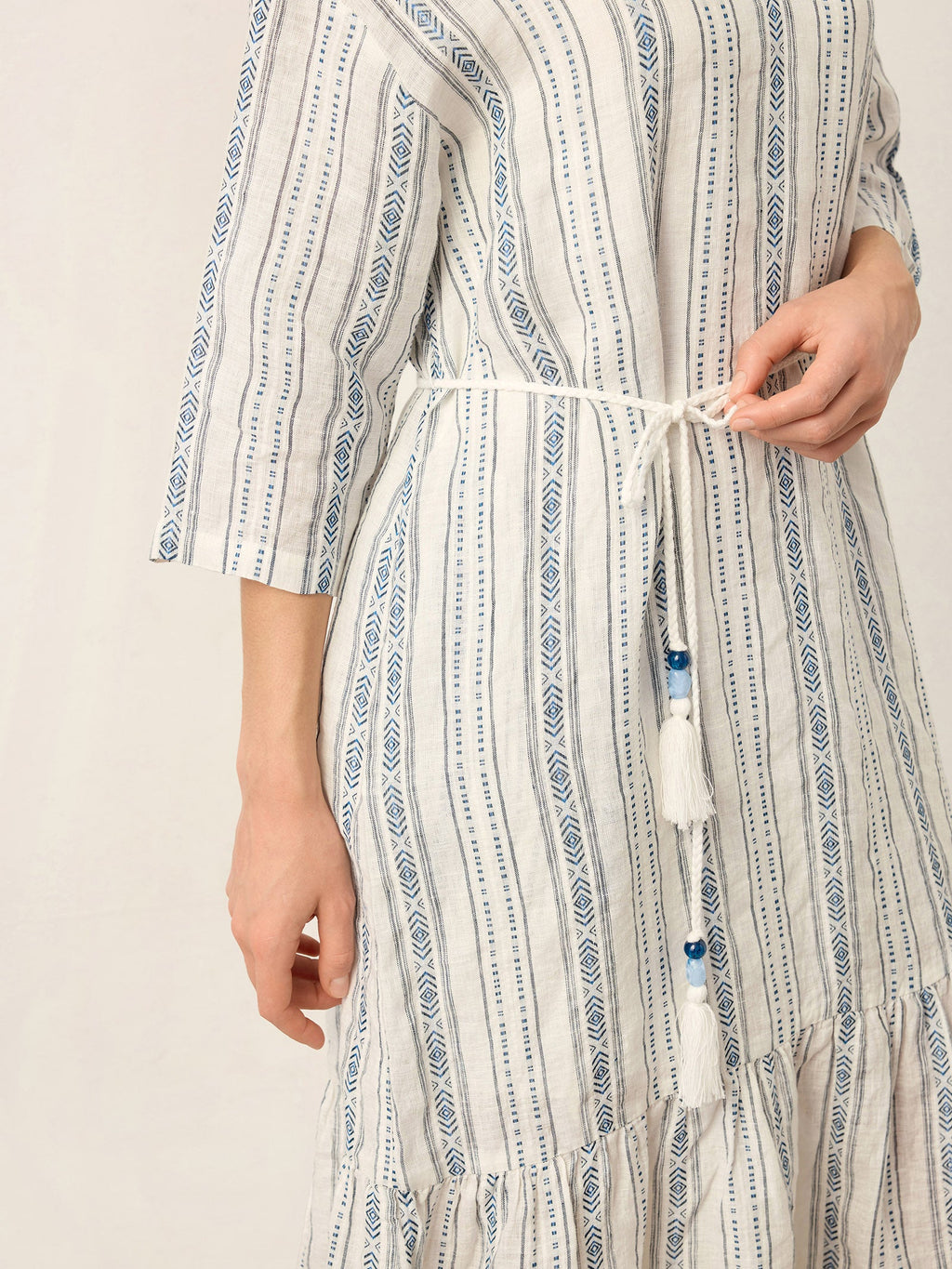 Linen Tribal Stripe Split Neck Bohemian Ruffle Midi Dress with Woven Belt and Slip MARLOWE