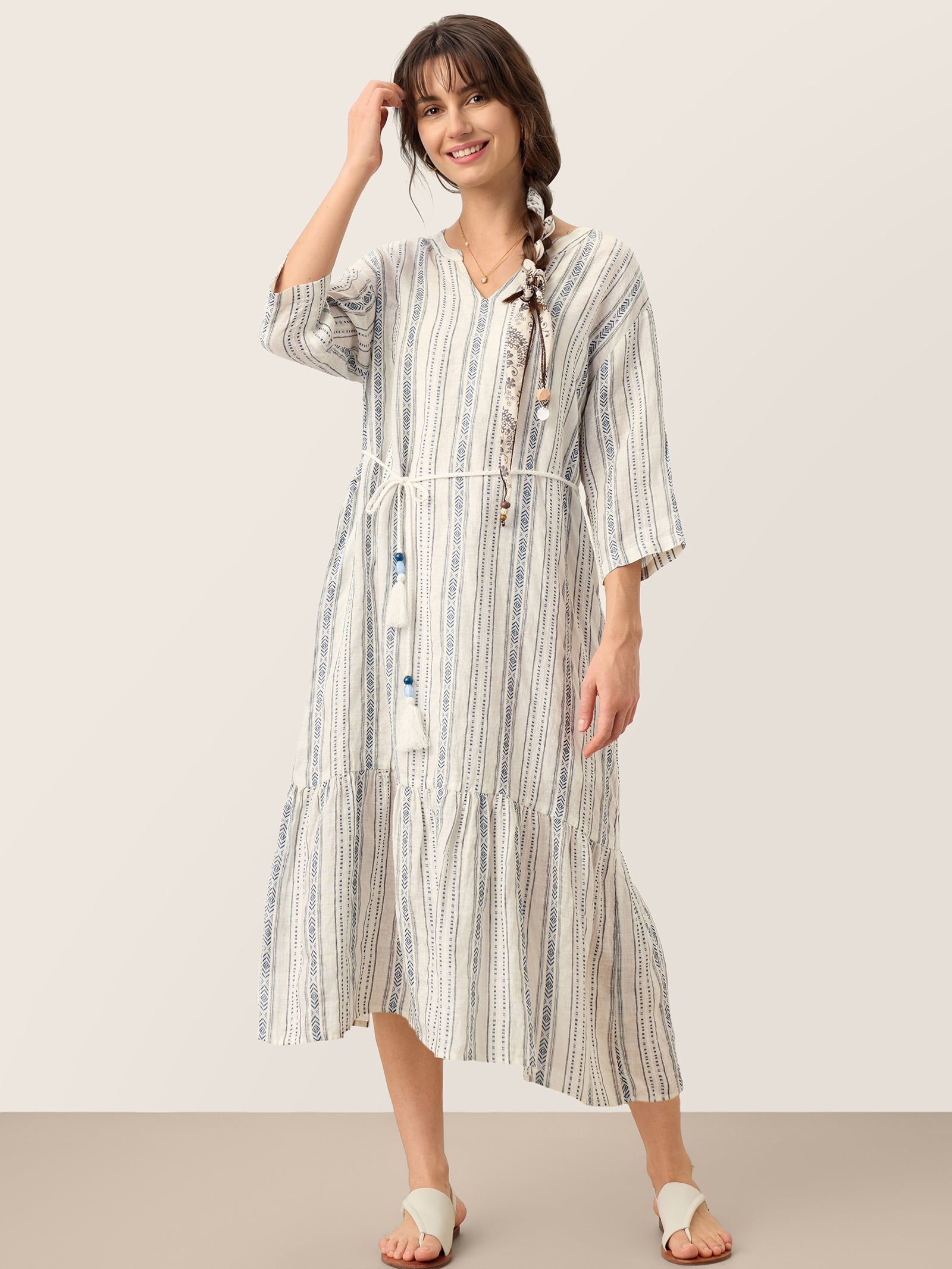 Linen Tribal Stripe Split Neck Bohemian Ruffle Midi Dress with Woven Belt and Slip MARLOWE