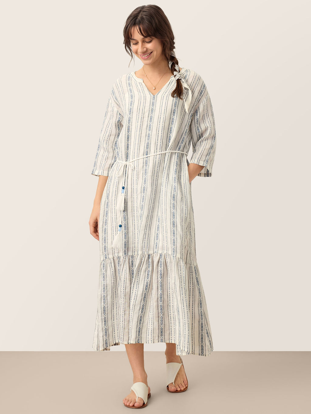 Linen Tribal Stripe Split Neck Bohemian Ruffle Midi Dress with Woven Belt and Slip MARLOWE
